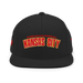 Front angle of the MAS Kansas City Wheelchair Football Arch Black Flat Bill Snapback against a white background