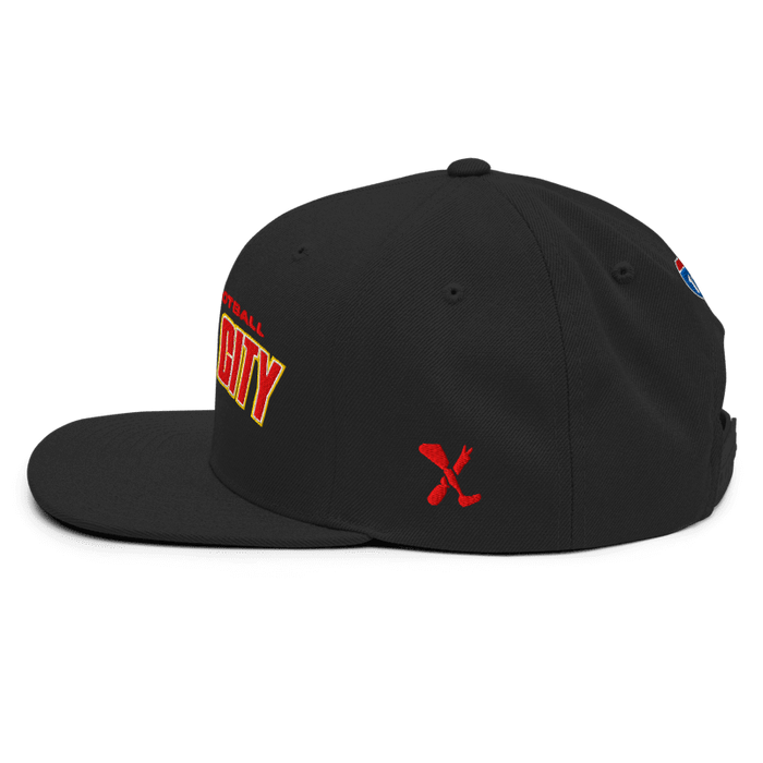 Left side angle of the MAS Kansas City Wheelchair Football Arch Black Flat Bill Snapback against a white background
