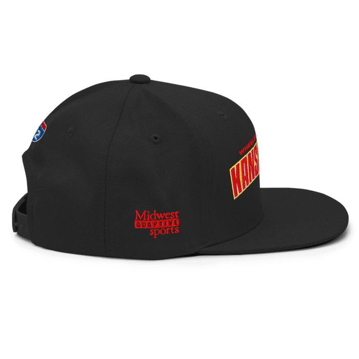 Right side angle of the MAS Kansas City Wheelchair Football Arch Black Flat Bill Snapback against a white background