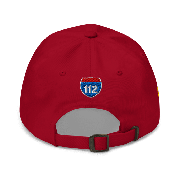Back angle of the MAS Kansas City Wheelchair Football Arch Cranberry Dad Hat against a white background