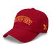 Front left angle of the MAS Kansas City Wheelchair Football Arch Cranberry Dad Hat against a white background