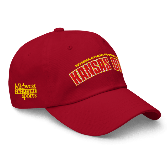 Front right angle of the MAS Kansas City Wheelchair Football Arch Cranberry Dad Hat against a white background