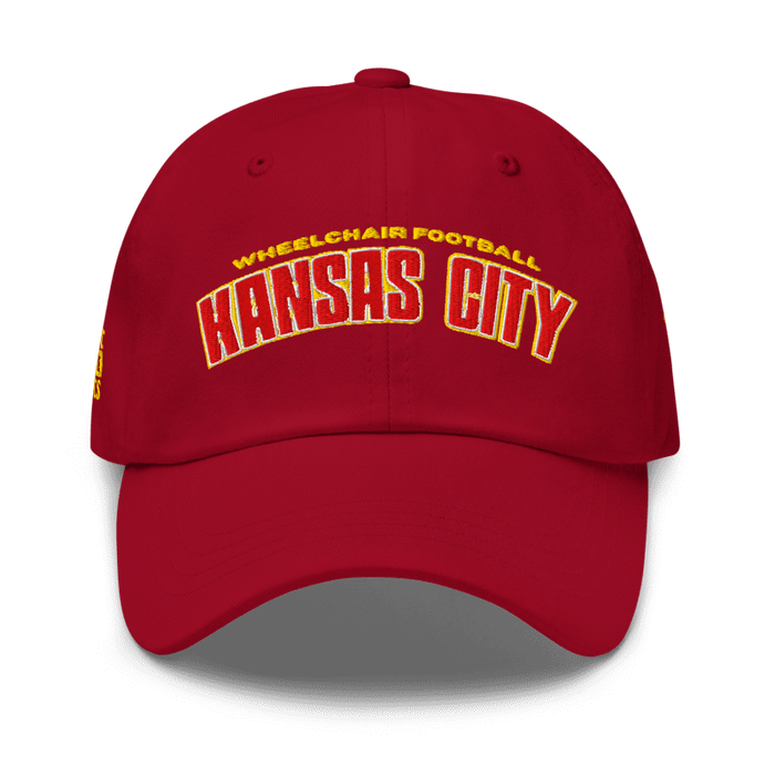 Front angle of the MAS Kansas City Wheelchair Football Arch Cranberry Dad Hat against a white background