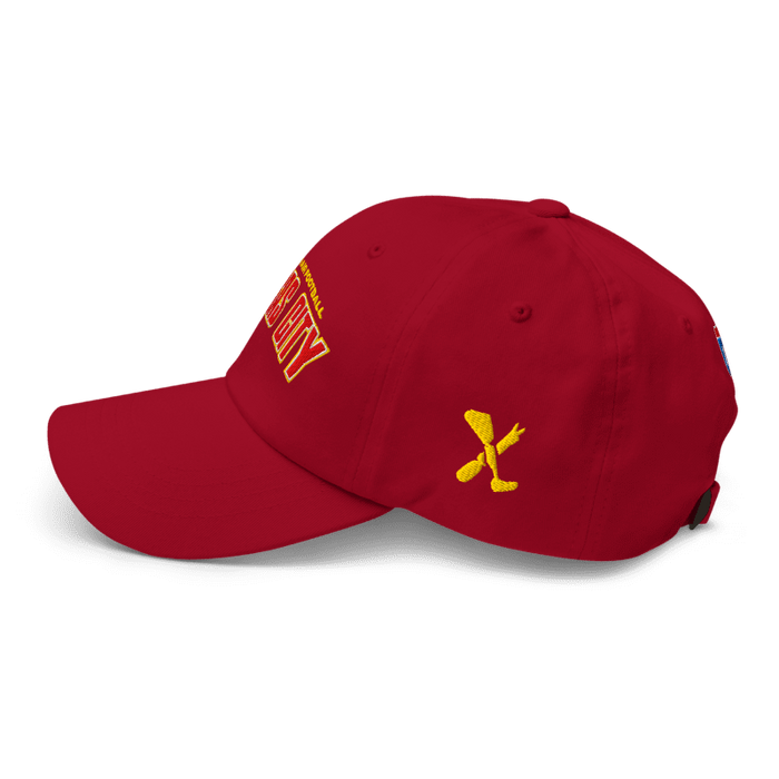 Left side angle of the MAS Kansas City Wheelchair Football Arch Cranberry Dad Hat against a white background