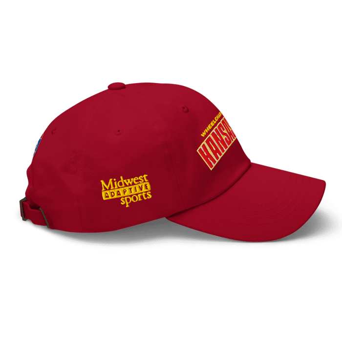 Right side angle of the MAS Kansas City Wheelchair Football Arch Cranberry Dad Hat against a white background