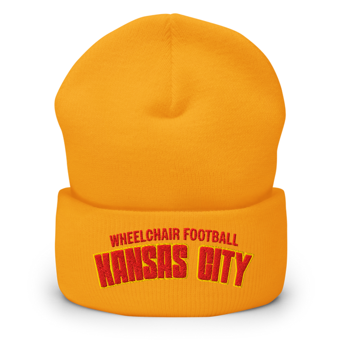 Front angle of the MAS Kansas City Wheelchair Football Arch Gold Beanie against a white background