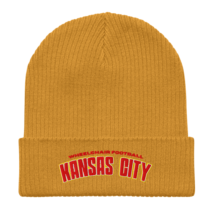 Front angle of the MAS Kansas City Wheelchair Football Arch Mustard Yellow Organic Beanie laid flat against a white background