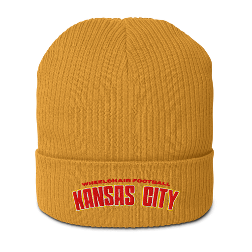 Front angle of the MAS Kansas City Wheelchair Football Arch Mustard Yellow Organic Beanie against a white background