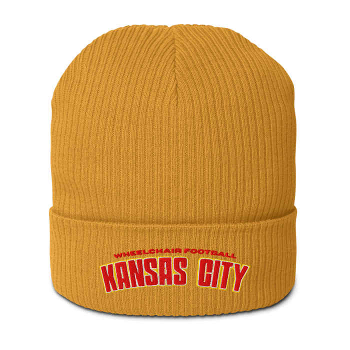 Front angle of the MAS Kansas City Wheelchair Football Arch Mustard Yellow Organic Beanie against a white background
