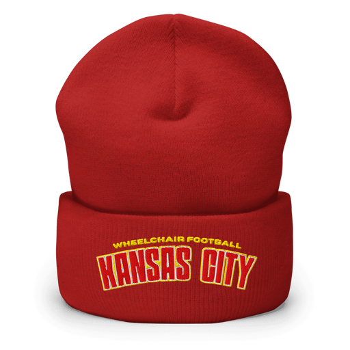 Front angle of the MAS Kansas City Wheelchair Football Arch Red Beanie against a white background