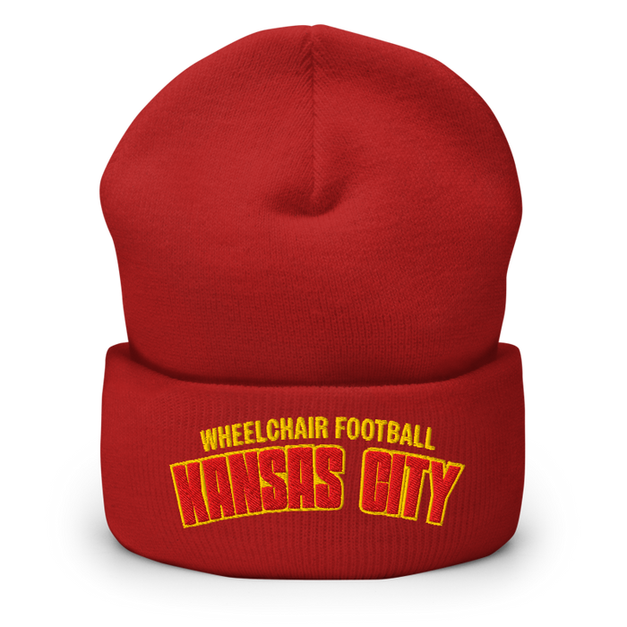 Front angle of the MAS Kansas City Wheelchair Football Arch Red Beanie against a white background