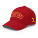 Front left angle of the MAS Kansas City Wheelchair Football Arch Red Flexfit Curved Bill Fitted against a white background