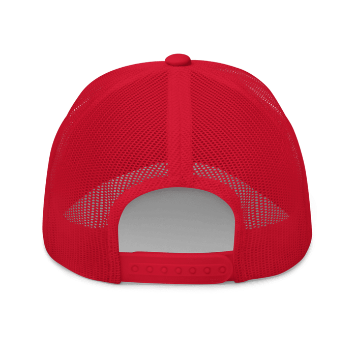 Back angle of the MAS Kansas City Wheelchair Football Arch Red Curved Bill Trucker Snapback against a white background