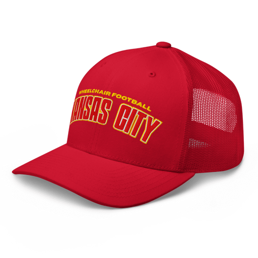 Front left angle of the MAS Kansas City Wheelchair Football Arch Red Curved Bill Trucker Snapback against a white background