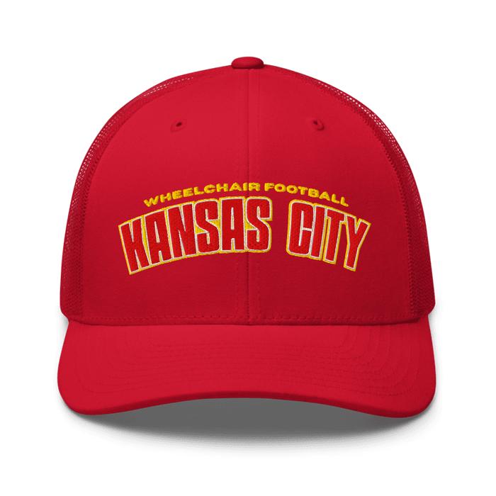Front angle of the MAS Kansas City Wheelchair Football Arch Red Curved Bill Trucker Snapback against a white background