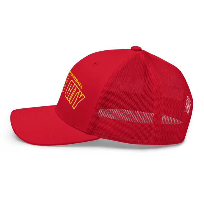 Left side angle of the MAS Kansas City Wheelchair Football Arch Red Curved Bill Trucker Snapback against a white background