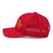 Left side angle of the MAS Kansas City Wheelchair Football Arch Red Curved Bill Trucker Snapback against a white background