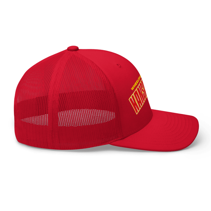 Right side angle of the MAS Kansas City Wheelchair Football Arch Red Curved Bill Trucker Snapback against a white background