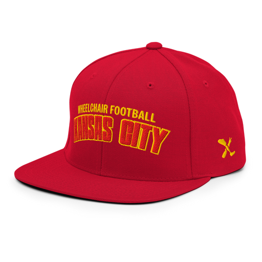 Front left angle of the MAS Kansas City Wheelchair Football Arch Red Flat Bill Snapback against a white background