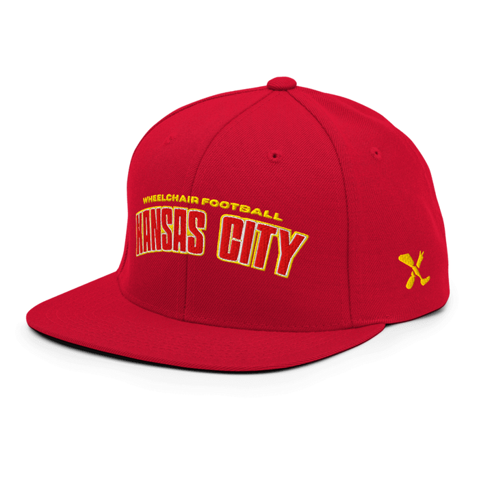Front left angle of the MAS Kansas City Wheelchair Football Arch Red Flat Bill Snapback against a white background