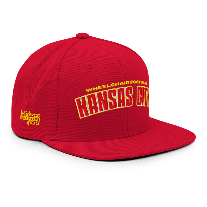 Front right angle of the MAS Kansas City Wheelchair Football Arch Red Flat Bill Snapback against a white background