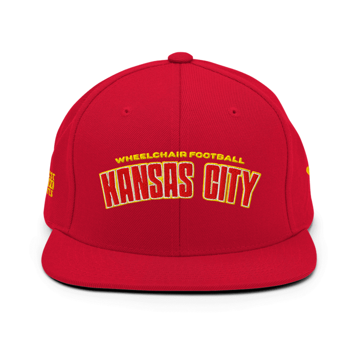 Front angle of the MAS Kansas City Wheelchair Football Arch Red Flat Bill Snapback against a white background