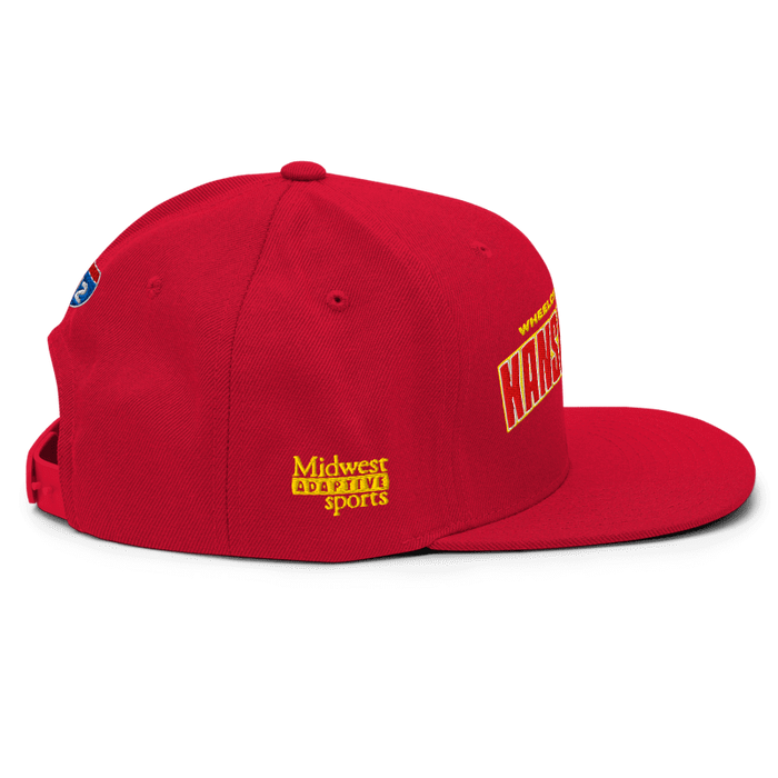 Right side angle of the MAS Kansas City Wheelchair Football Arch Red Flat Bill Snapback against a white background