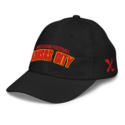 Front left angle of the MAS Kansas City Wheelchair Football Arch Youth Black Dad Hat against a white background