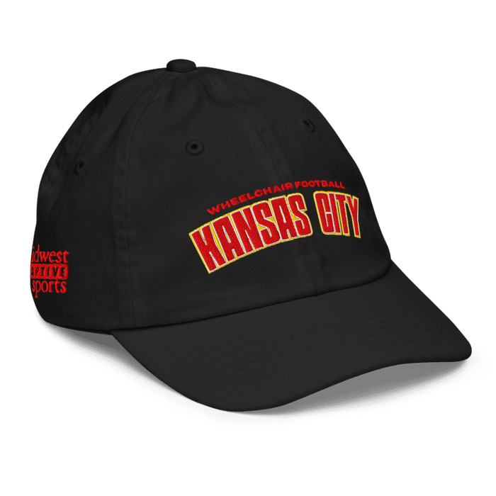 Front right angle of the MAS Kansas City Wheelchair Football Arch Youth Black Dad Hat against a white background