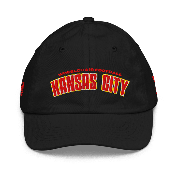 Front angle of the MAS Kansas City Wheelchair Football Arch Youth Black Dad Hat against a white background