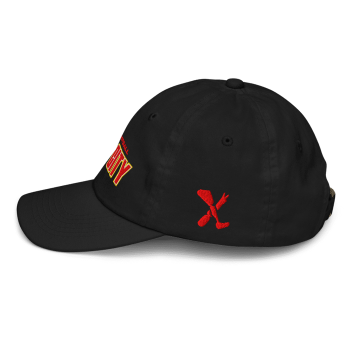 Left side angle of the MAS Kansas City Wheelchair Football Arch Youth Black Dad Hat against a white background