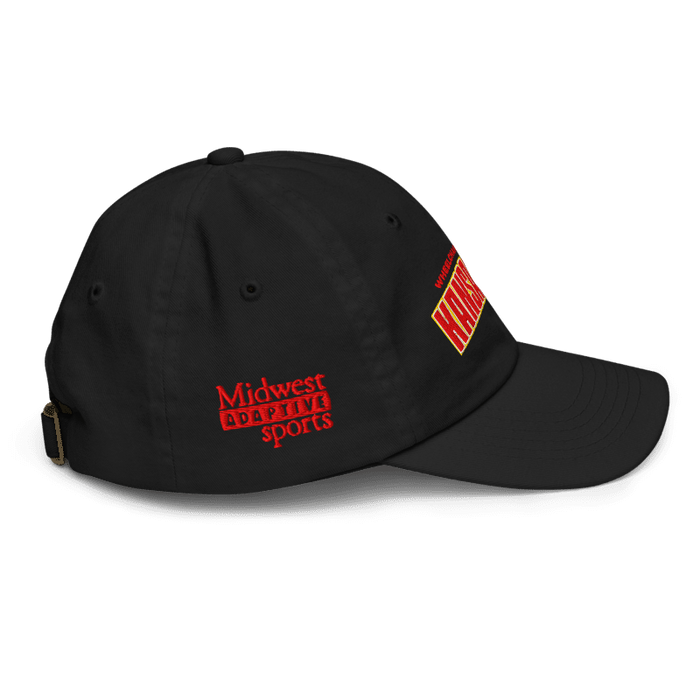 Right side angle of the MAS Kansas City Wheelchair Football Arch Youth Black Dad Hat against a white background