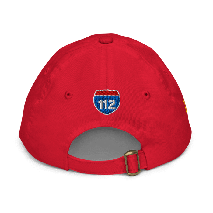 Back angle of the MAS Kansas City Wheelchair Football Arch Youth Red Dad Hat against a white background