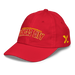 Front left angle of the MAS Kansas City Wheelchair Football Arch Youth Red Dad Hat against a white background