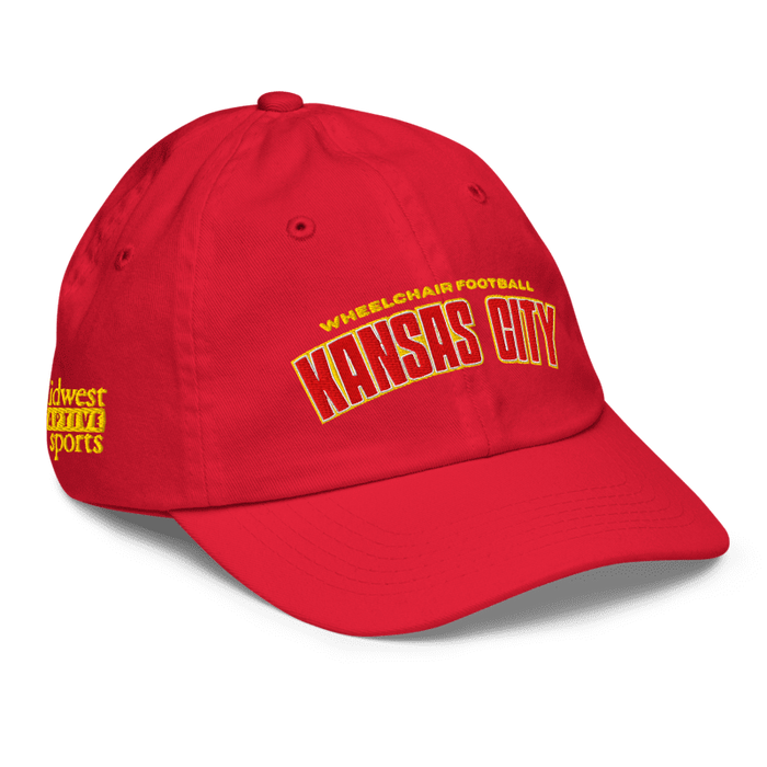 Front right angle of the MAS Kansas City Wheelchair Football Arch Youth Red Dad Hat against a white background