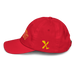Left side angle of the MAS Kansas City Wheelchair Football Arch Youth Red Dad Hat against a white background