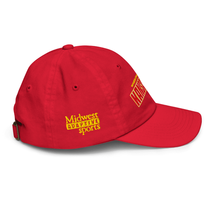 Right side angle of the MAS Kansas City Wheelchair Football Arch Youth Red Dad Hat against a white background