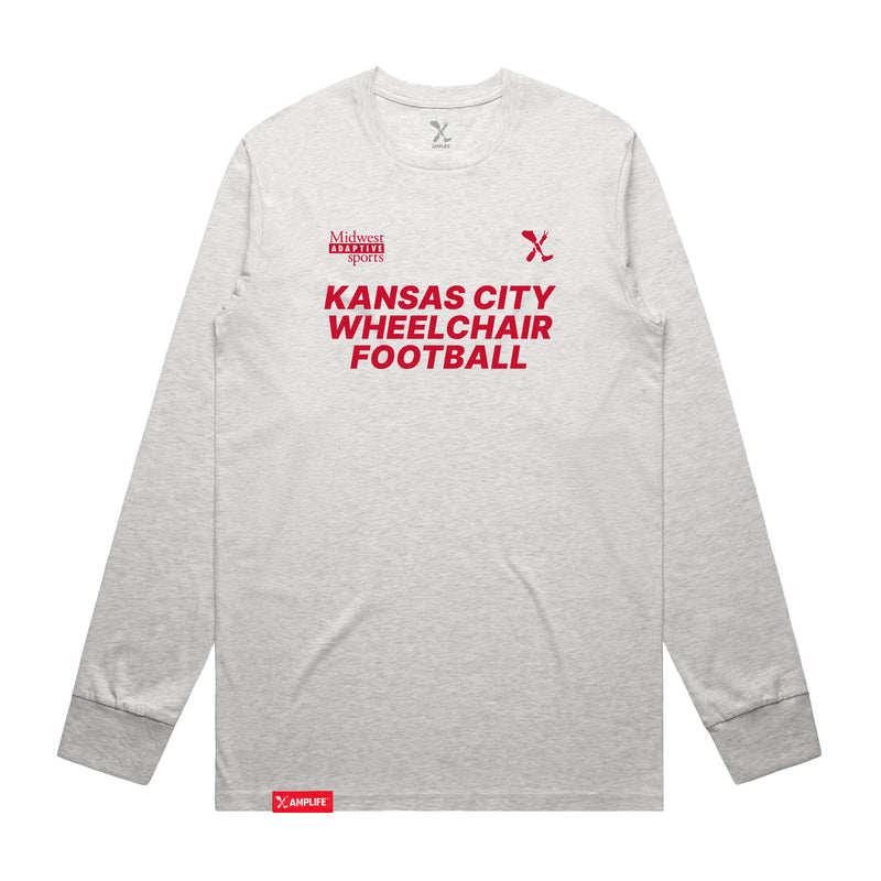 MAS Kansas City Wheelchair Football Ash Heather Grey & Red Long Sleeve T-Shirt on a white background