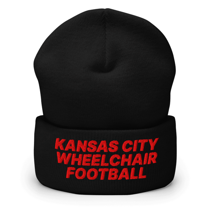 Front angle of the MAS Kansas City Wheelchair Football Black & Red Beanie against a white background