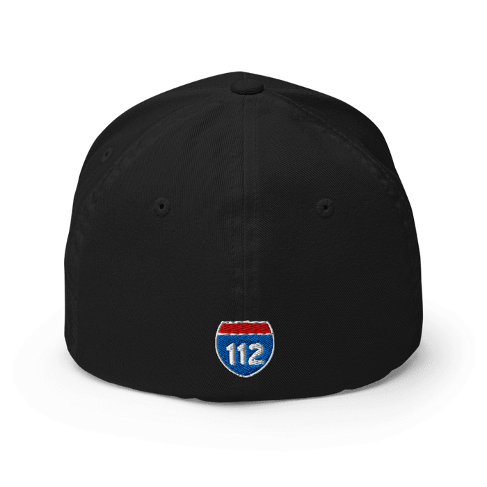 Back angle of the MAS Kansas City Wheelchair Football Black & Red Flexfit Curved Bill Fitted against a white background