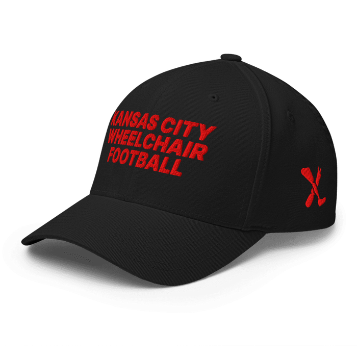 Front left angle of the MAS Kansas City Wheelchair Football Black & Red Flexfit Curved Bill Fitted against a white background
