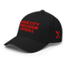 Front left angle of the MAS Kansas City Wheelchair Football Black & Red Flexfit Curved Bill Fitted against a white background