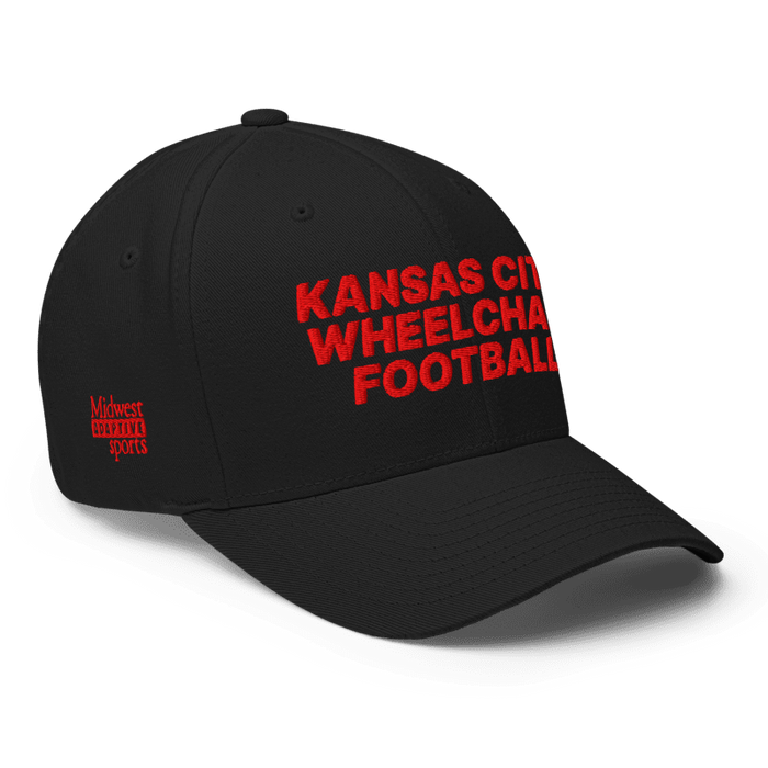 Front right angle of the MAS Kansas City Wheelchair Football Black & Red Flexfit Curved Bill Fitted against a white background