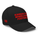 Front right angle of the MAS Kansas City Wheelchair Football Black & Red Flexfit Curved Bill Fitted against a white background