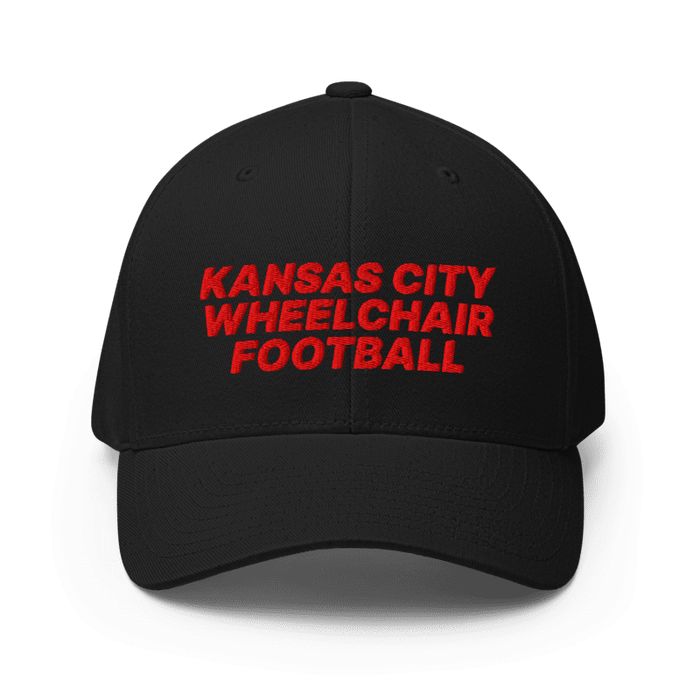 Front angle of the MAS Kansas City Wheelchair Football Black & Red Flexfit Curved Bill Fitted against a white background