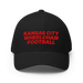 Front angle of the MAS Kansas City Wheelchair Football Black & Red Flexfit Curved Bill Fitted against a white background