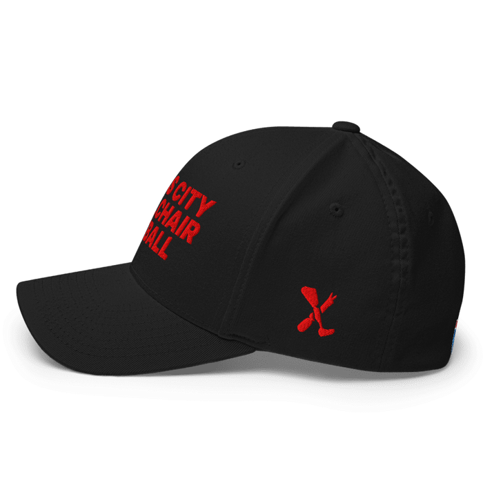 Left side angle of the MAS Kansas City Wheelchair Football Black & Red Flexfit Curved Bill Fitted against a white background