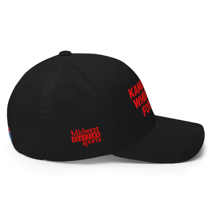 Right side angle of the MAS Kansas City Wheelchair Football Black & Red Flexfit Curved Bill Fitted against a white background