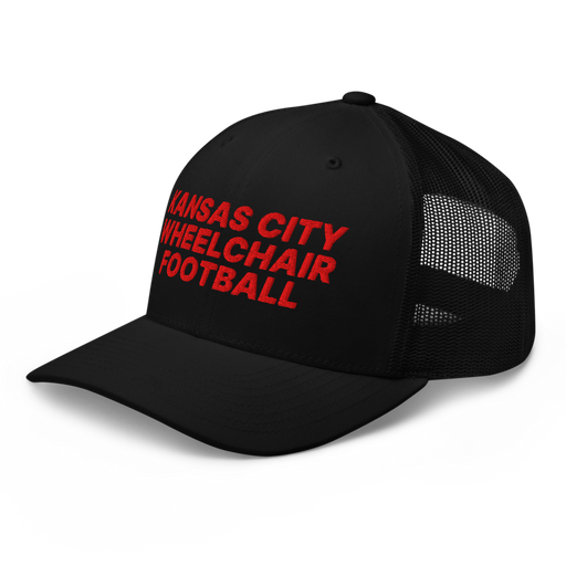 Front left angle of the MAS Kansas City Wheelchair Football Black & Red Curved Bill Trucker Snapback against a white background