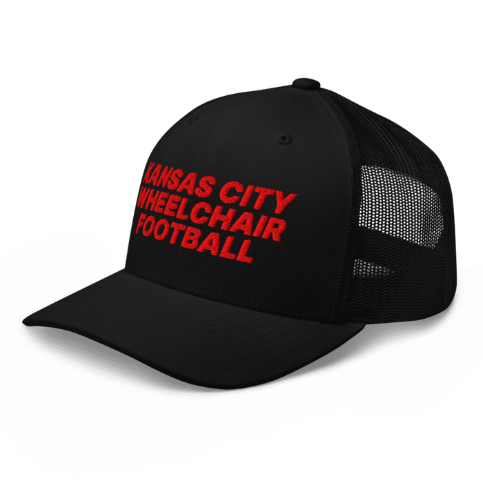 Front left angle of the MAS Kansas City Wheelchair Football Black & Red Curved Bill Trucker Snapback against a white background